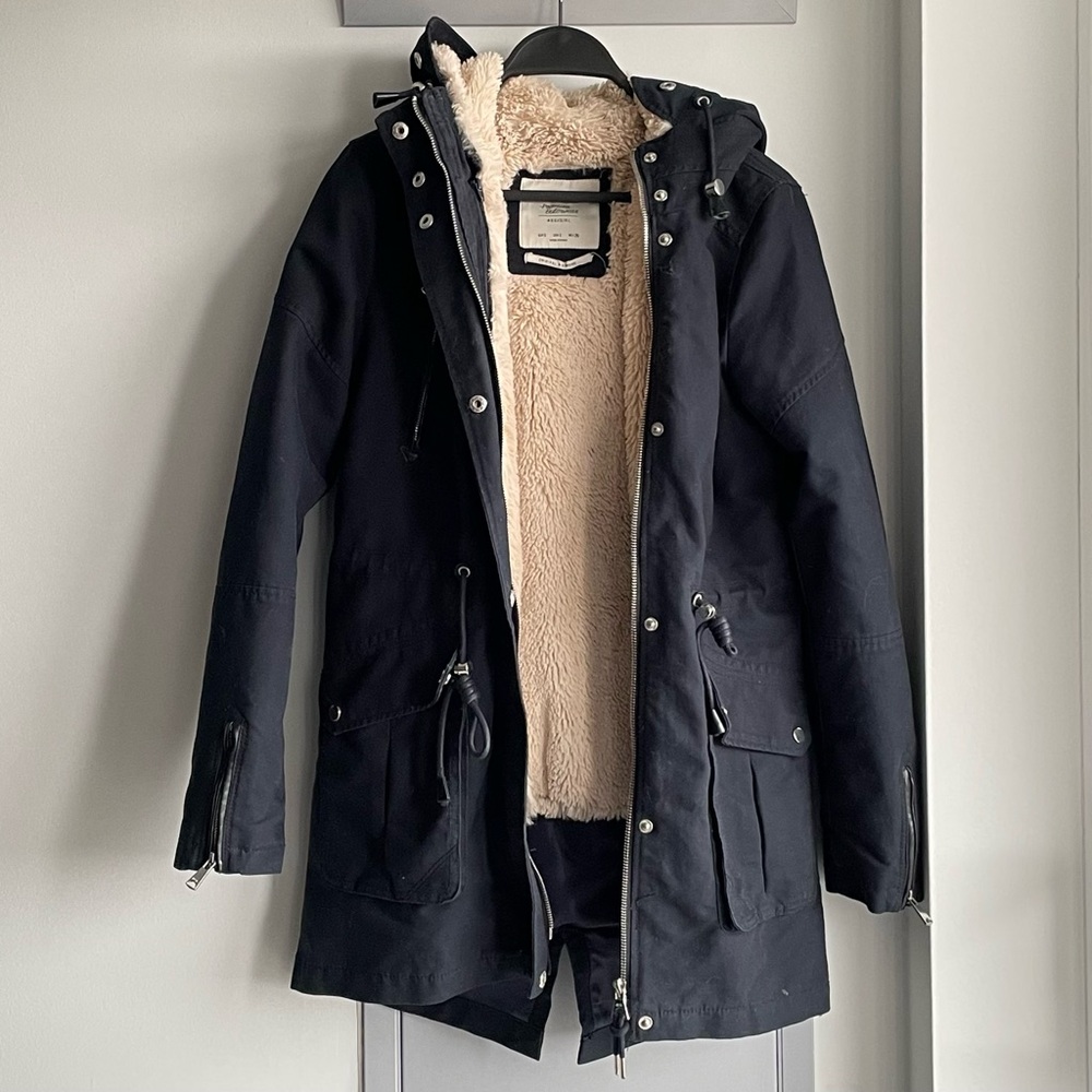 BERSHKA Black Hooded Parka with Cream Sherpa Removable Lining